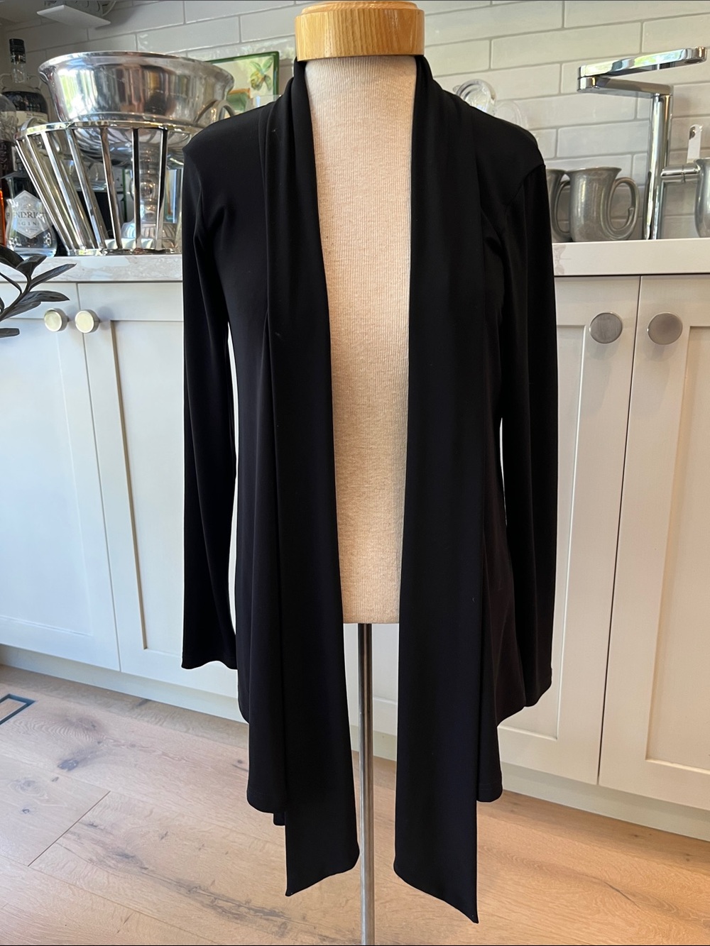 Sympli Classic Open-Front Black Cardigan with a waterfall collar